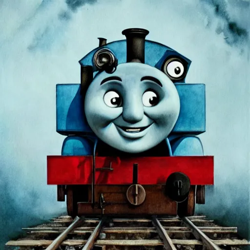 Prompt: watercolor cartoon grunge portrait of happy Thomas the tank engine. intricate abstract. intricate artwork. Joy, Happiness, by zdzisław Beksiński, wlop, dan mumford , trending on artstation, Greg rutkowski very coherent symmetrical artwork. cinematic, hyper realism, high detail, octane render, 8k