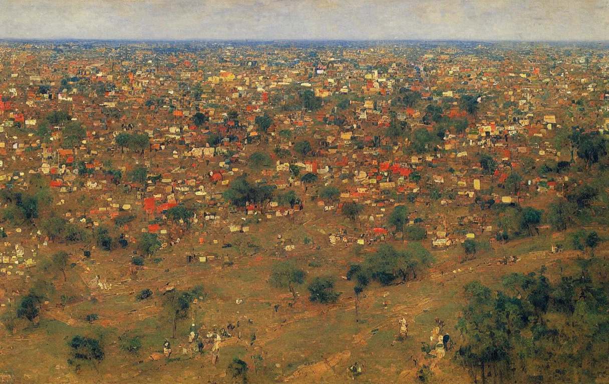 Prompt: birds eye view of tall defensive city wall surrounding town of abeokuta, 1885, bright colors oil on canvas, by Ilya Repin