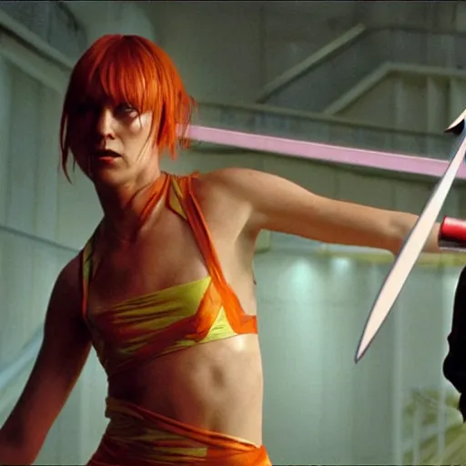 Image similar to leeloo from fifth element fighting beatrix kiddo from kill bill with mantis blades in cyberspace