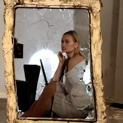 Prompt: a beautiful actress sitting in front of a cracked mirror, beautiful face, elegant furniture