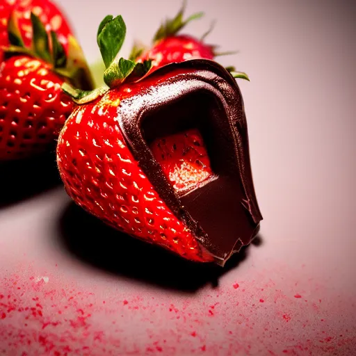 Image similar to macro photography studio lighting 3 point light of large strawberry dipped in melted dark chocolate award winning