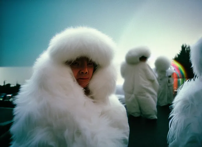 normal people wearing white massive feather fur fluffy