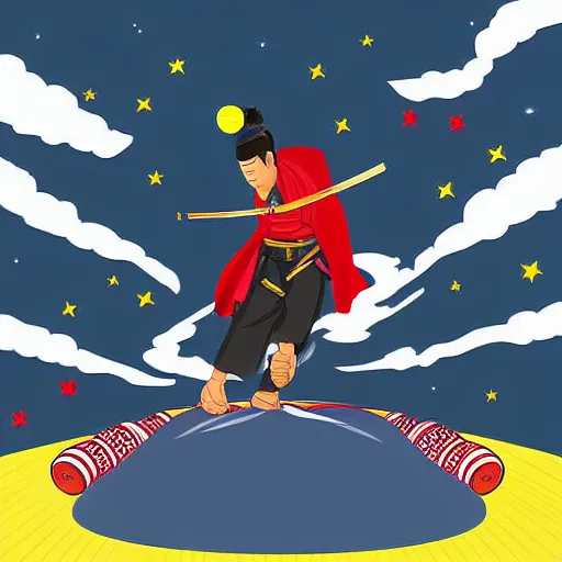 Image similar to Hovering samurai holding a bowling ball in space, bowling pins hovering around him, digital art