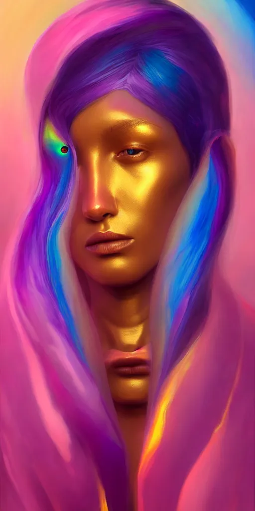 Image similar to 👾👗🛸🌈🧛🏾♀, phantom, dreary, dramatic, fluid, iridescent, golden ratio, artstation, moebius + loish + wlop, hd, oil painting, hyper realistic,