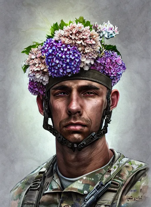 Image similar to handmade character portrait of a serious american soldier man, flowers growing on him, amaratyllis, hydrangea, chrysanthemum, hyacinth, in the style of artgerm and enki bilal and bastien lecouffe - deharme, wlop, line art, watercolor, cinematic lighting, hyperdetailed, hyperrealistic