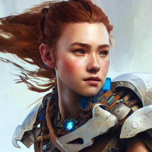 Prompt: Aloy from Horizon: Zero Dawn, half body portrait, videogame cover art, highly detailed, digital painting, artstation, concept art, smooth, detailed armor, sharp focus, beautiful face, illustration, art by Artgerm and greg rutkowski and alphonse mucha