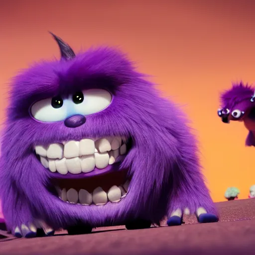 Image similar to a purple fluffy monster, adorable and cute, pixar, octane render, 4k, monster in middle of picture
