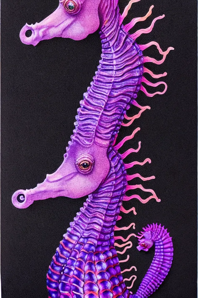 Image similar to a portrait statue of a purple seahorse, black paper, beautiful intricate painting by kokaris