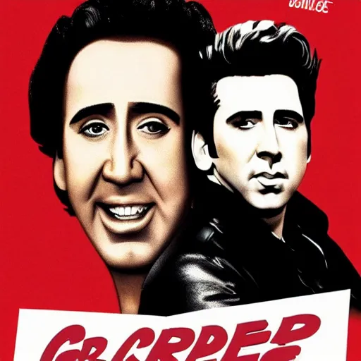 Prompt: a film poster of grease with Nicolas cage, realism, film grain