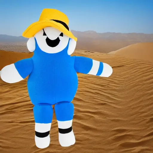 Image similar to blue'snappy gifts'human - sized plush doll, in the desert, holding gift, happy atmosphere, high detail, 8 k