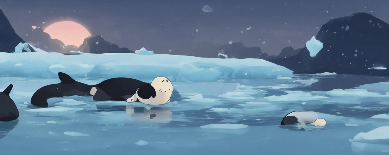 Image similar to a baby harp seal lying on ice looking worried, orcas in the water, atey ghailan, goro fujita, studio ghibli, rim light, ominous lighting, clear focus, very coherent,