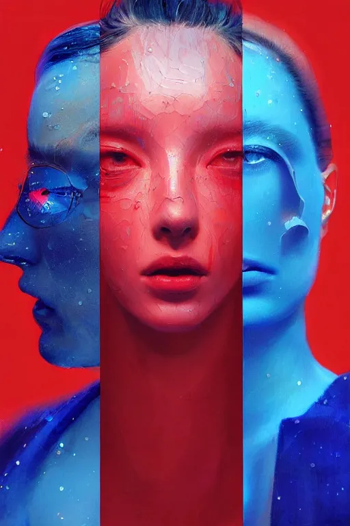 Prompt: 3 d, sci - fi, sun rays, sleepy fashion model face, blue faces aside, cinematic, vogue cover style, poster art, light red and deep blue mood, realistic painting, intricate oil painting, high detail, figurative art, multiple exposure, poster art, 3 d, by tooth wu and wlop and beeple and greg rutkowski