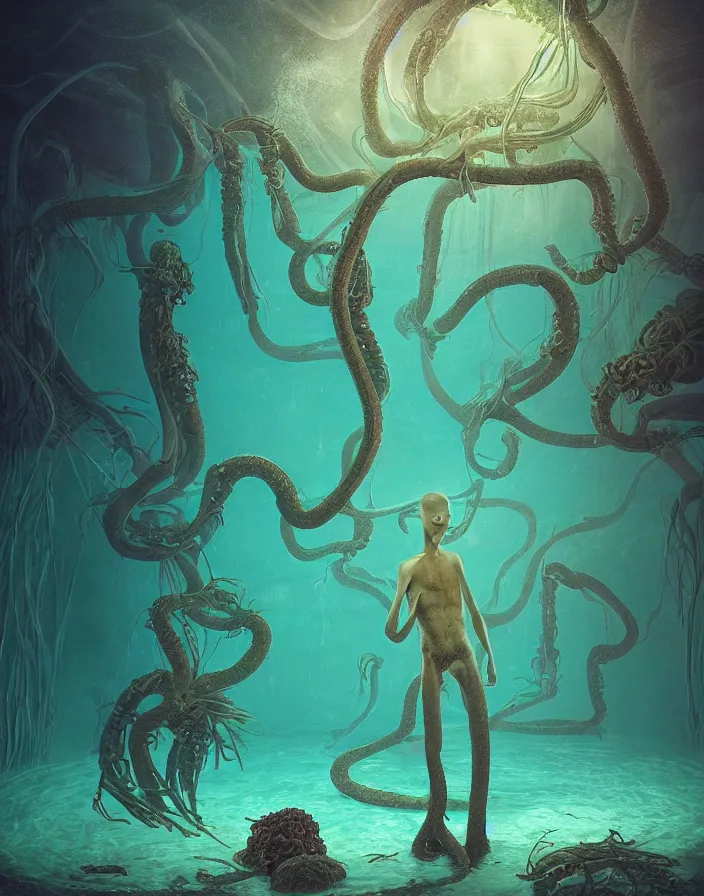 Prompt: photograph of a eerie alien standing in a florescent swimming pool room, tentacles and fungus growing out of pool, swampy atmosphere, ambient lighting, vibrant colors, highly detailed, by Jared Pike,