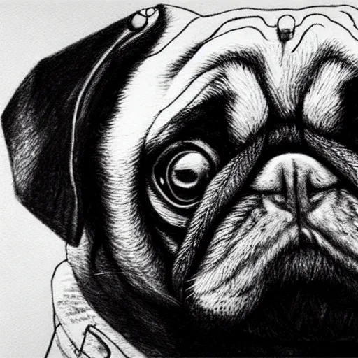 Image similar to pencil art, golden - ratio, spirals, highly detailed, astronaut pug in outer space painted by davinci.