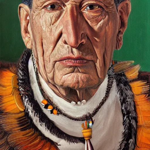 Prompt: high quality high detail painting by lucian freud, hd, portrait of an aztec priest with feathers, photorealistic lighting