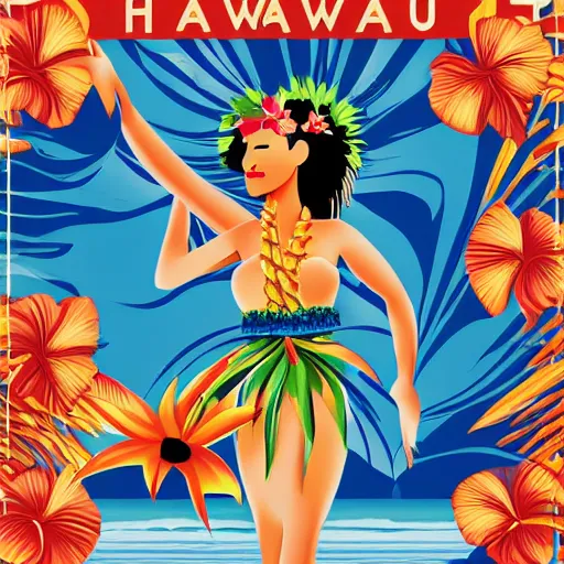 Prompt: hawaii tourism poster in style of bauhaus, hula girl, surfboard, waves, palm trees, sun, surf sand, medley of tropical flowers, lei, beautiful, symmetrical, textured, layered, ornate, detailed, chromostereopsis, 8 k