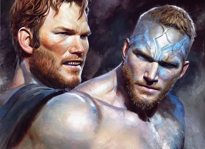 Image similar to a highly detailed beautiful portrait of chris pratt as kratos, by gregory manchess, james gurney, james jean