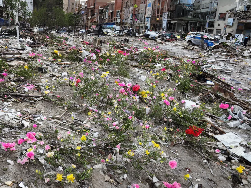 Prompt: flowers spring emerge from debris, city destruction