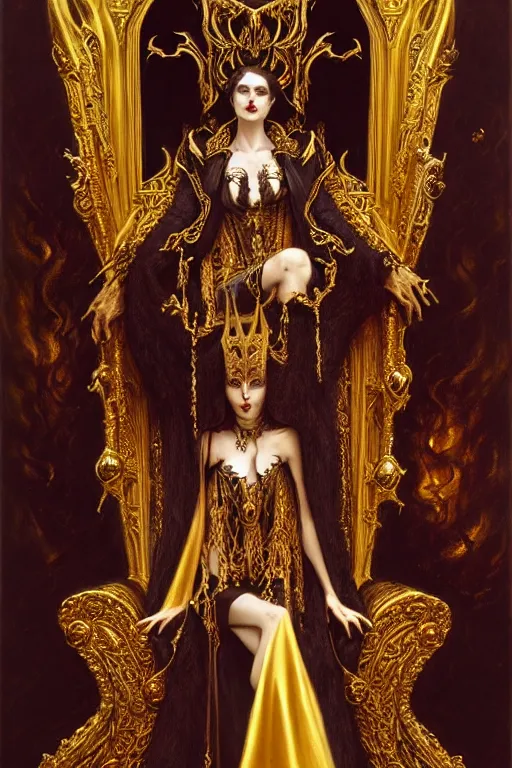 Prompt: perfectly centered portrait of beautiful vampire queen in gold gothic robe sitting on a throne of bones, elegant, ornate, detailed, symmetrical, painting by gaston bussiere, craig mullins, j. c. leyendecker, 8 k, mid shot