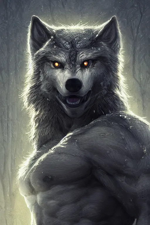 Image similar to ultra realist and ultra intricate detailed soft painting of a werewolf, from the waist up, symmetry features, glowing yellow eyes, sensual gloomy style, volumetric clouds, forest background, artstation, unreal render, depth of field