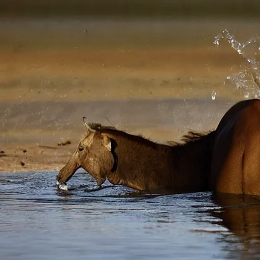 Image similar to national geographic professional photo of trump lapping up water in a busy watering hole, award winning