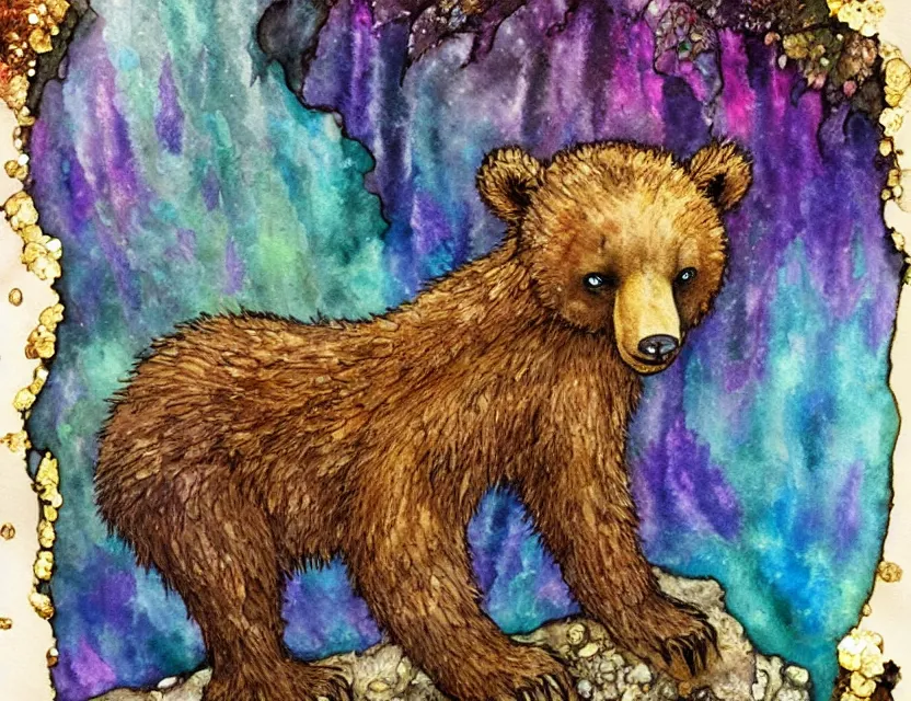 Prompt: fae bear in a crystal cave. this watercolor and gold leaf work by the award - winning comic artist has a beautiful composition and intricate details.