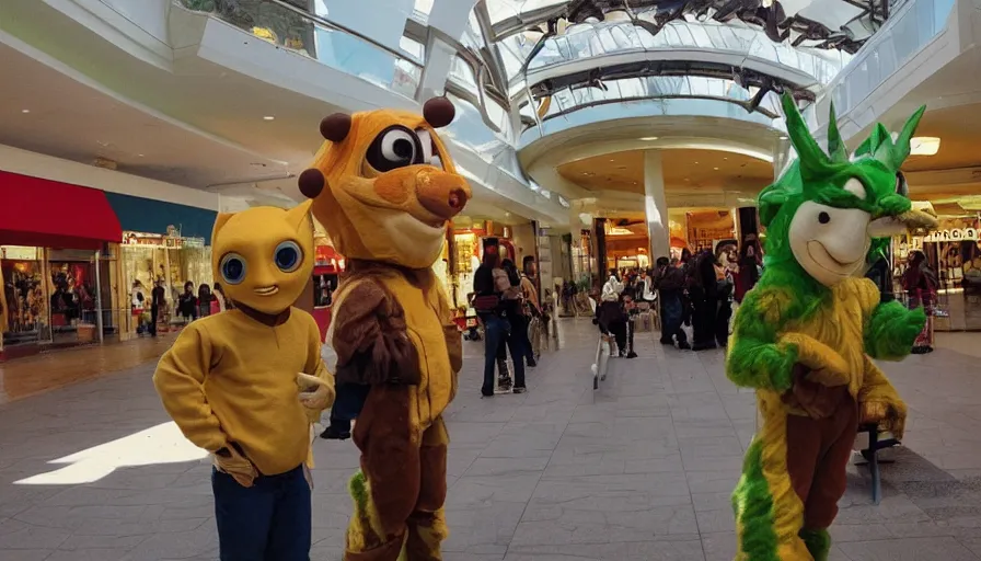 Prompt: 1990s candid photo of a beautiful day at the mall, cinematic lighting, cinematic look, golden hour, large nature costumed mascot people giving presentations to families, Enormous personified nature people with outstandingly happy faces coming out of a portal and talking to families, UHD