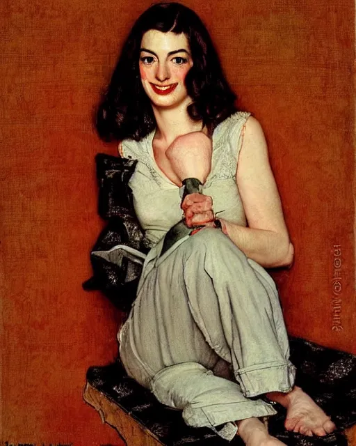 Image similar to portrait of anne hathaway by norman rockwell