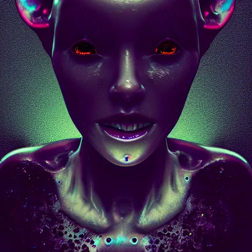 Image similar to a beautiful feminine alien with thick black sludge seeping from her eyes, screaming while being consumed by darkness, iridescent eyes, dreamlike, intricate detail, 3d render, octane render, trending on artstation, 4k, hd