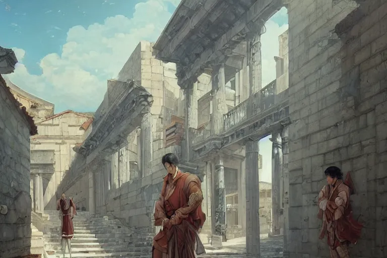 Image similar to handsome korean man looking at ancient renaissance athens street with intricate details, serene, face anatomy, by wlop, peter mohrbacher, jakub rebelka, visually stunning, beautiful, masterpiece