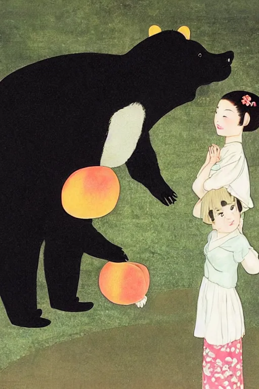 Prompt: a young smiling girl gives a peach to a really large anthropomorphic asian black bear, in the style of foujita tsuguharu