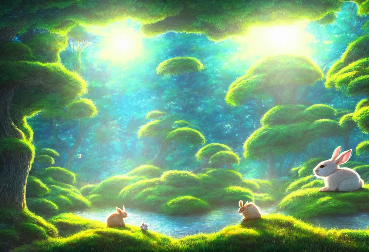 Image similar to a beautiful ultradetailed painting of dream forest, small rabbit, river, sunny, close shot, studio ghibli sunlight, archdaily, wallpaper, highly detailed, trending on artstation