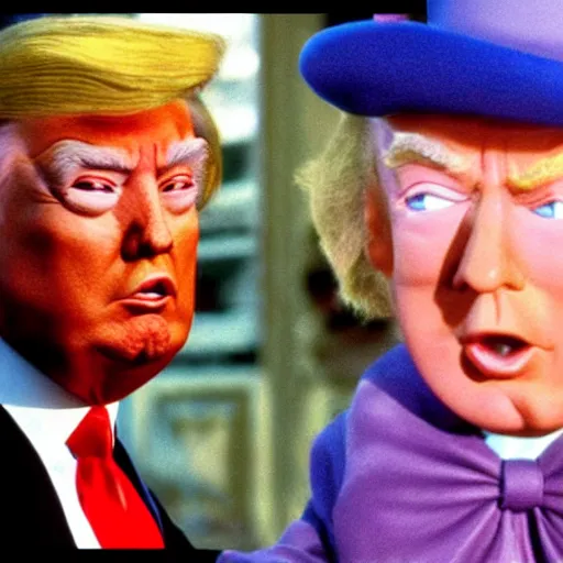 Prompt: A still of Donald Trump in Willy Wonka,realistic,detailed,close up