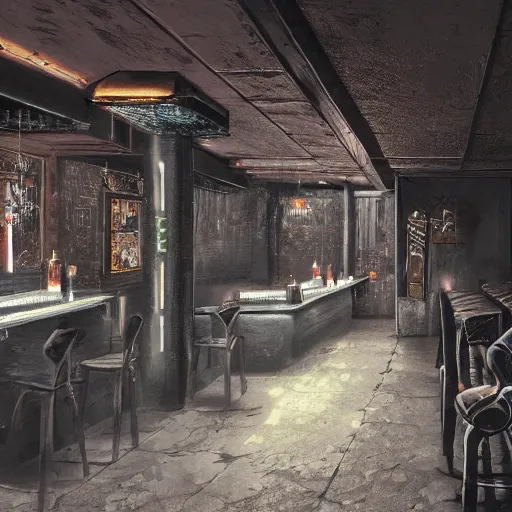 Prompt: picture of a Under-city Bar, features of Contra Black and Infrared, in the style of Arcane, trending on artstation, HD, 8k, Classical painting,