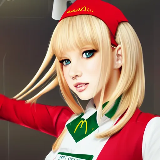 Prompt: a beautiful woman wearing a mcdonald's uniform, blonde, long hair, pixiv, hyperrealistic