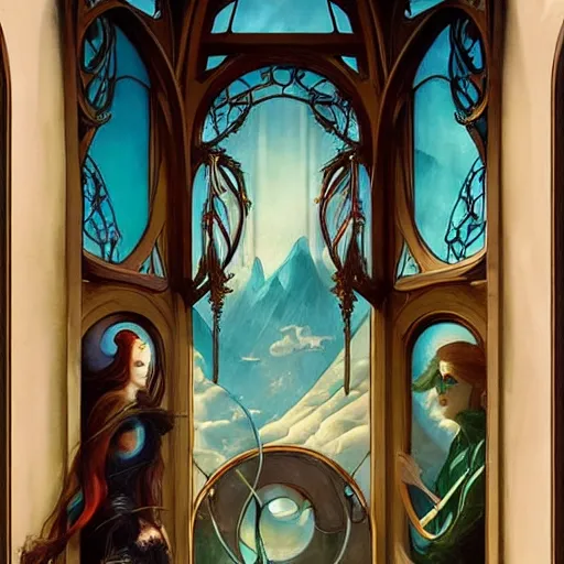 Prompt: beautiful full size large window with four panes, four yearseason is represented by peter mohrbacher, art nouveau, landscape, cinematic