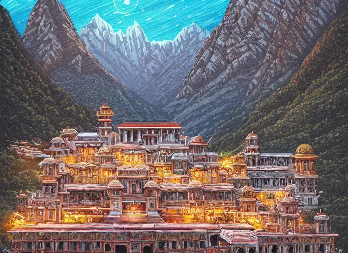 Prompt: A beautiful and detailed illustration of the Badrinath Temple, immaculate scale, trending on Artstation, illustrated by Dan Mumford, illustration