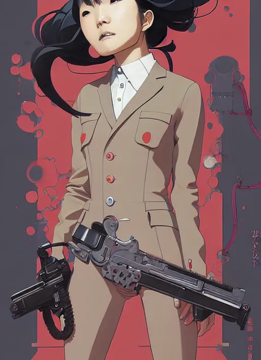 Image similar to Artwork by James Jean and Phil noto and hiyao Miyazaki; a young Japanese future police lady named Yoshimi battles an evil natures carnivorous robot on the streets of Tokyo; Art work by Phil noto and James Jean