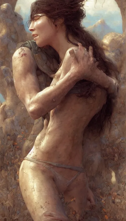 Image similar to epic masterpiece hug, sweaty skin, hyperrealistic, octane render, cinematic, beautiful face and flawless skin, perfect hands, 5 fingers, by Edgar Maxence and Ross Tran and Michael Whelan, Legends of Runeterra