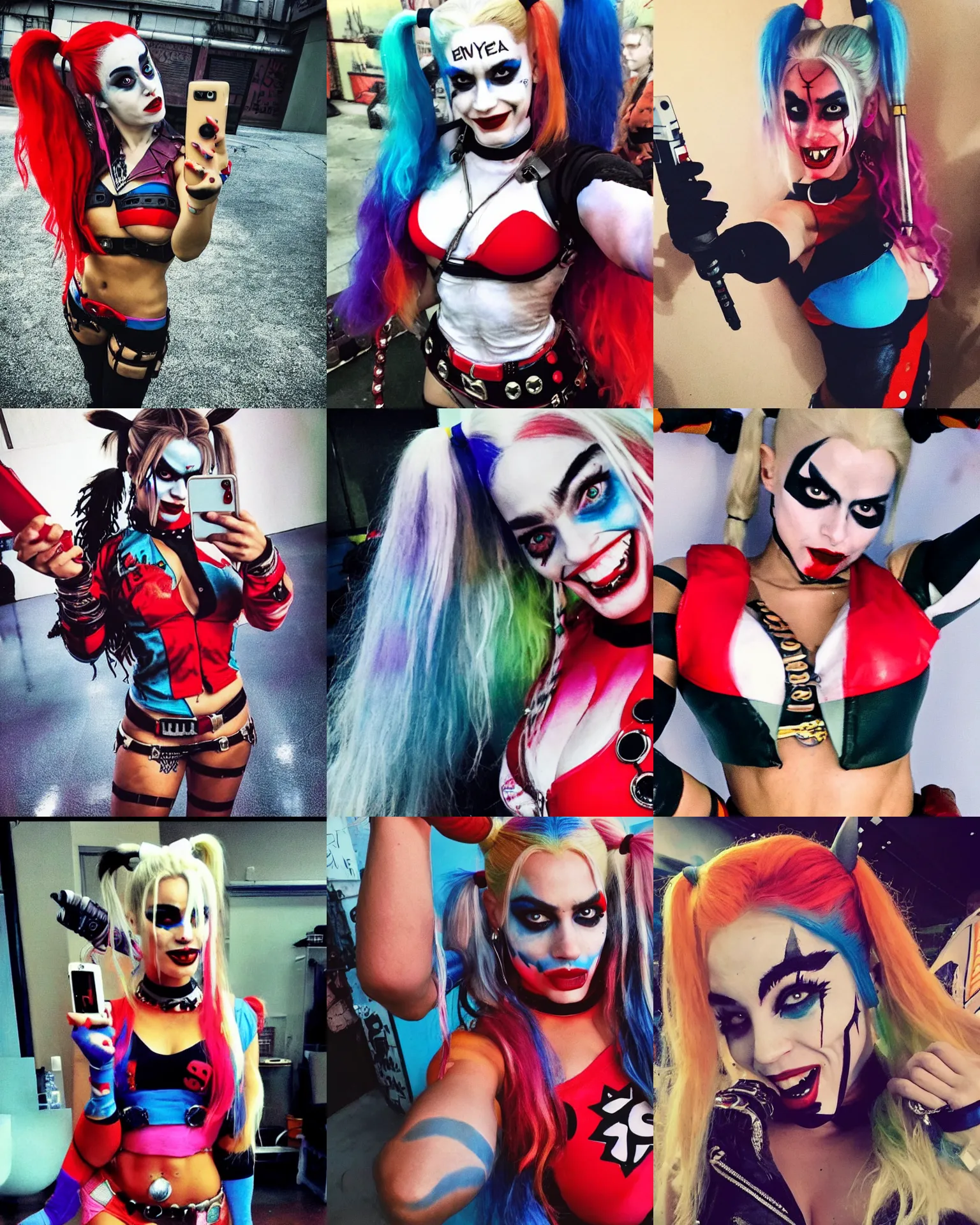 Prompt: a full - body selfie of sommer ray as harley quinn on the set of 2 0 1 6's suicide squad,!!!!!! chubby - belly!!!!!!, focus on facial details, instagram post, 8 k resolution