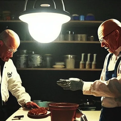 Image similar to “Very photorealistic screenshot of Joe Biden and Walter White cooking drugs in an episode of Breaking Bad, atmospheric lighting, award-winning”