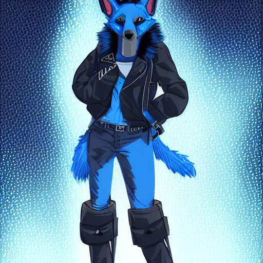 Image similar to an anthro anthropomorphic furry fursona hybrid of a blue german shepherd and a blue fox, with blue fur and blue eyes in a cyberpunk outfit, walking in cyberpunk neon streets, award winning digital art, trending on furaffinity, artstation, pixiv