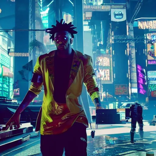 Prompt: 2 1 savage preforming on a stage in front of a crowd in cyberpunk 2 0 7 7, gameplay screenshot, detailed