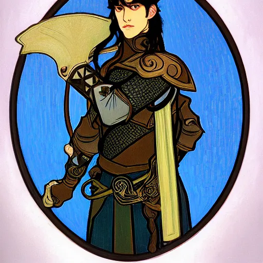 Image similar to painting of young handsome beautiful paladin elf!! man with long! wavy dark hair in his 2 0 s named taehyung minjun at the blueberry party, wearing armor!, long hair, elf ears, blue eyes, blueeyes, elegant, delicate, soft facial features, art, art by alphonse mucha, vincent van gogh, egon schiele,