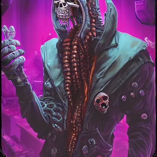 Prompt: cyberpunk undead lich ilithid mindflayer playing synthesizers, honeycomb skull structure, D&D, highly detailed, realistic, technology and magic,