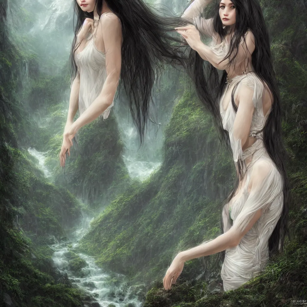 Prompt: Intricate picture of a single 25 years old Paludnitsa in a lush fjord. Long black hair, perfect face, beautiful eyes, intricate white dress, smooth, vivid colors, highly detailed, dreamlike, digital art by Eddie Mendoza, 4k, very wide shot.