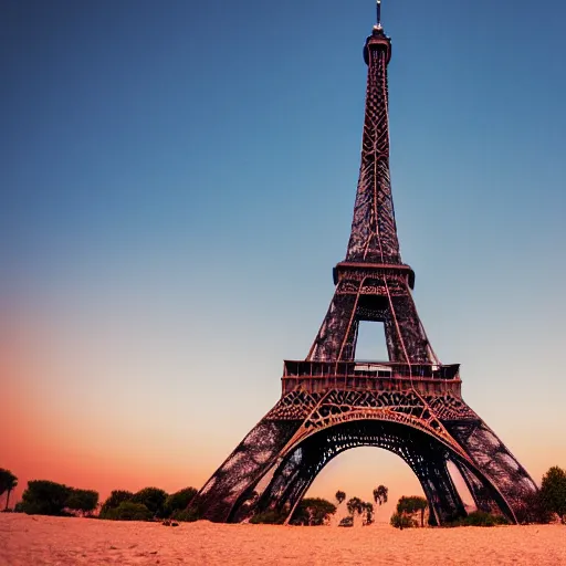 Prompt: photo of Eiffel Tower in Sahara desert, 8K, realistic, magic hour