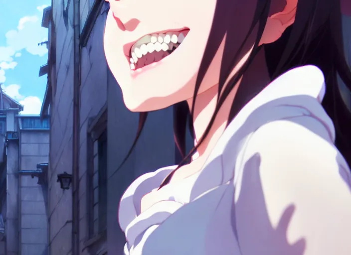 Image similar to a film still portrait of a young woman smiling, finely detailed features, closeup at the faces, perfect art, at a city street, gapmoe yandere grimdark, trending on pixiv fanbox, painted by greg rutkowski makoto shinkai takashi takeuchi studio ghibli, akihiko yoshida