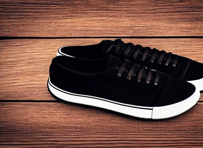 Image similar to clear highly detailed photorealistic topdown mockup product photograph of a realistic pair of black sneakers on a wooden background