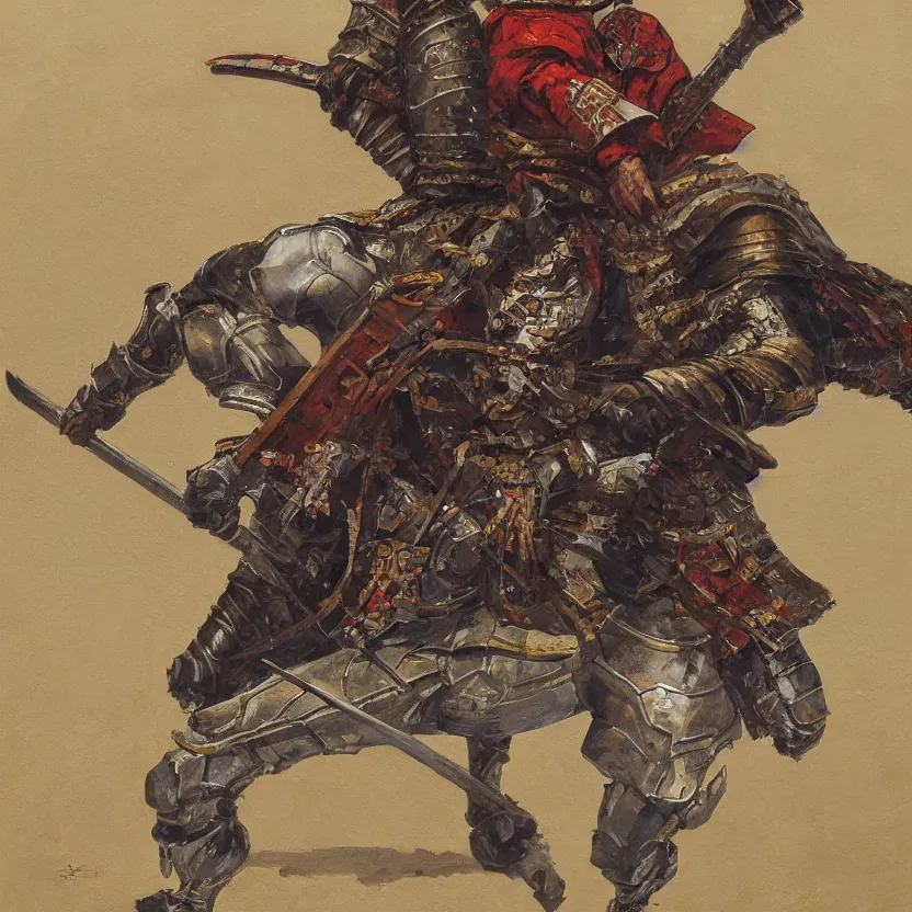 Image similar to a oil paniting of an Knight/samurai in a battle ready pose in the style of Jean Giraud detailed realistic High Resolution HD 8k in color